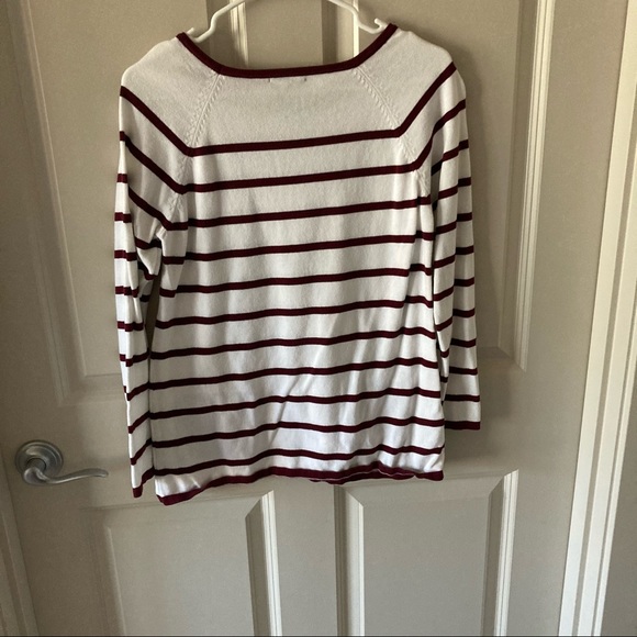 Ivory and Burgundy Striped Sweater with Pockets - Picture 2 of 4